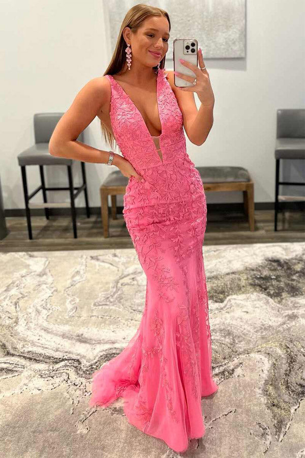Mermaid V Neck Red Lace Long Prom Dress,Mermaid Formal Dresses