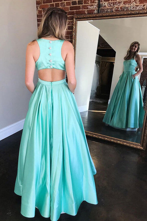 Mint Green Satin A-line Long Prom Dresses, Evening Dress With Pockets,party dress