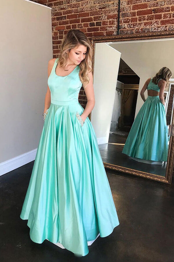 Mint Green Satin A-line Long Prom Dresses, Evening Dress With Pockets,party dress