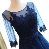A-line Scoop Neck Dark Blue Long Prom Dresses With Sleeves
