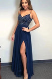 Navy Blue A-line Beaded Spaghetti Straps Prom Dresses, Long Formal Dress,evening dresses for weddings