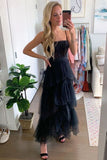 Elegant A-line Layered Tulle Black Prom Dress,Sheer Corset Long Evening Dress,Graduation Dress