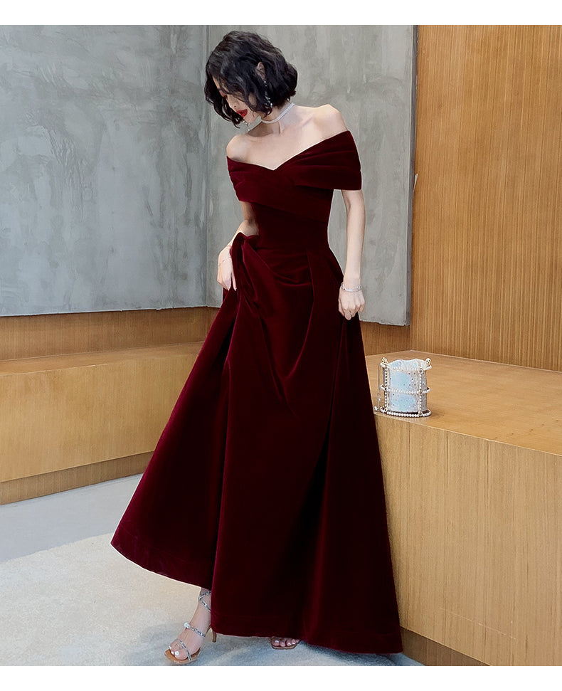 Dark Red Velvet Off Shoulder Bridesmaid Dress, A-line Prom Dresses jkprom Dark Red Velvet Off Shoulder Bridesmaid Dress, A-line Prom Dresses jkprom
