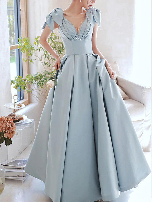 Blue V Neck Satin Beads Long Prom Dress Bow on Shoulder