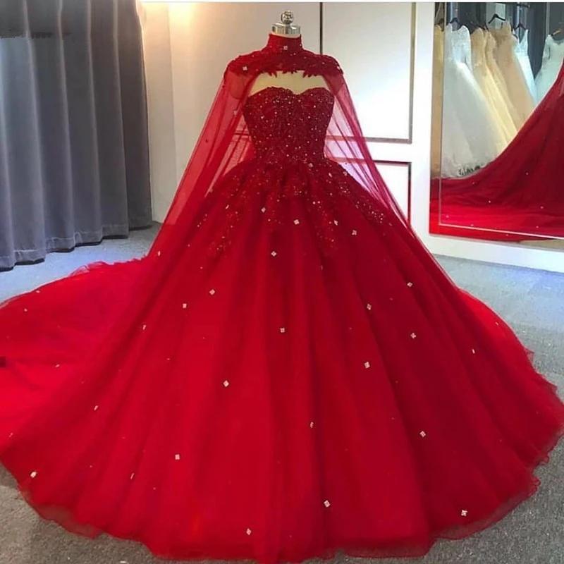 Red Ball Gown Wedding Dresses Crystals Sweet 16 Quinceanera Dress,Prom Dress with Train