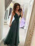 Green Prom Dress Long,A-line Tulle Gala Dresses Elegant