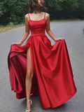 A-Line Red Satin Spaghetti Straps Formal Fashion Evening Long Prom Dresses