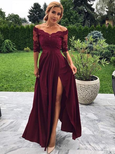Off-Shoulder 1/2 Sleeves Burgundy Prom Dress A-line Party Gown With Slit