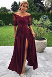 Off-Shoulder 1/2 Sleeves Burgundy Prom Dress A-line Party Gown With Slit