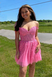 Off-Shoulder-Beaded-Hot-Pink-Lace-Cocktail-Dress