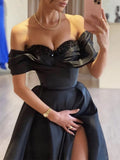 Off Shoulder Black Satin Long Prom Dresses with High Slit