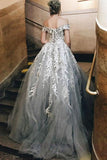 Off Shoulder Gray Lace Long Prom Dresses, Princess Tulle Formal Dress