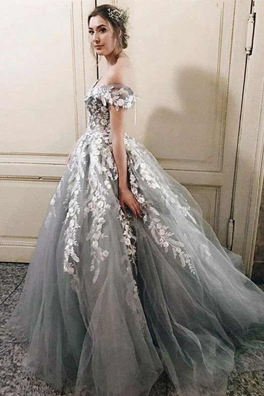 Off Shoulder Gray Lace Long Prom Dresses, Princess Tulle Formal Dress