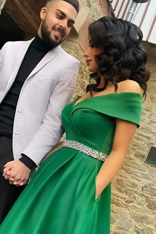 Off Shoulder Green Satin Long Prom Dress with Belt,Formal Graduation Evening Dress,Gala Dresses