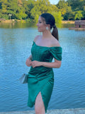 Green Satin Short Prom Dresses, Semi Formal Dress with Slit