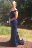 Off Shoulder Mermaid Navy Blue Lace Prom Dress,Cheap Bridesmaid Dress,Lace Formal Dresses