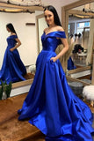 Off Shoulder Royal Blue/Purple/White Long Prom Dress,Formal Graduation Evening Dresses with Train