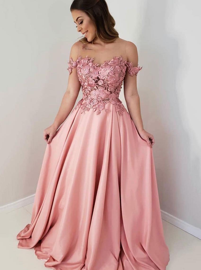Off Shoulder Appliques Satin Long Prom Dress,Formal Dresses Pink Formal Gown