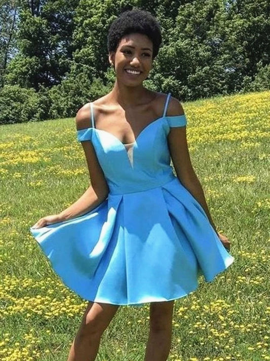 Off Shoulder Short Blue Prom Dresses, Off the Shoulder Short Blue Formal Homecoming Dresses
