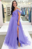 Off the Shoulder Tulle Long Prom Dress with Slit, Lilac Formal Evening Dresses