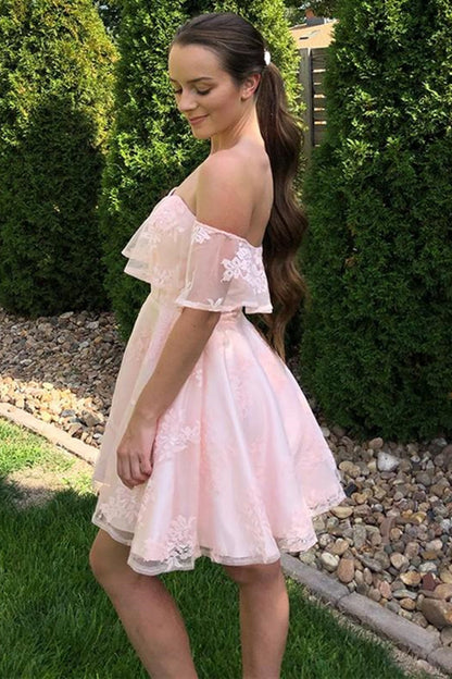 Off the Shoulder Short Pink Lace Prom Dresses, Off Shoulder Short Pink Lace Graduation Homecoming Dresses