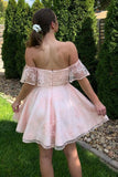 Off the Shoulder Short Pink Lace Prom Dresses, Off Shoulder Short Pink Lace Graduation Homecoming Dresses