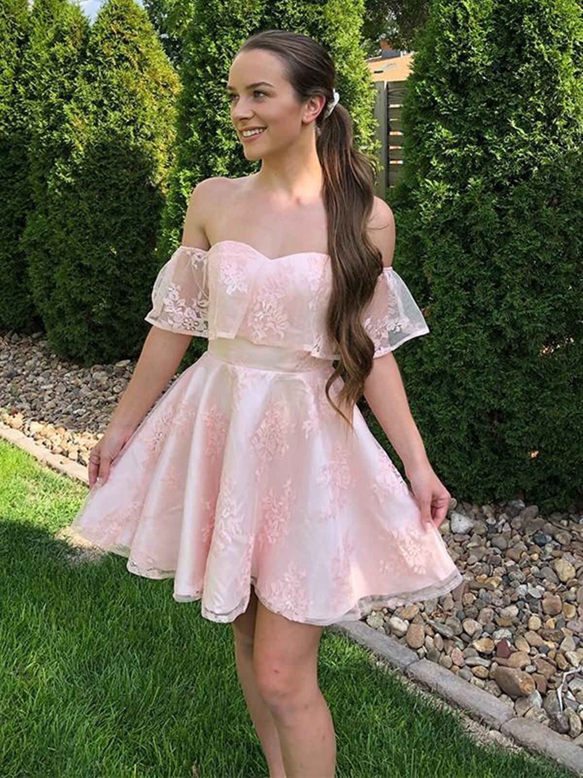 Off the Shoulder Short Pink Lace Prom Dresses, Off Shoulder Short Pink Lace Graduation Homecoming Dresses