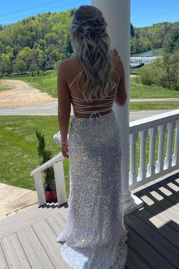 Backless Mermaid White Sequins Long Prom Dress, Evening Gown with Slit