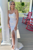 Backless Mermaid White Sequins Long Prom Dress, Evening Gown with Slit