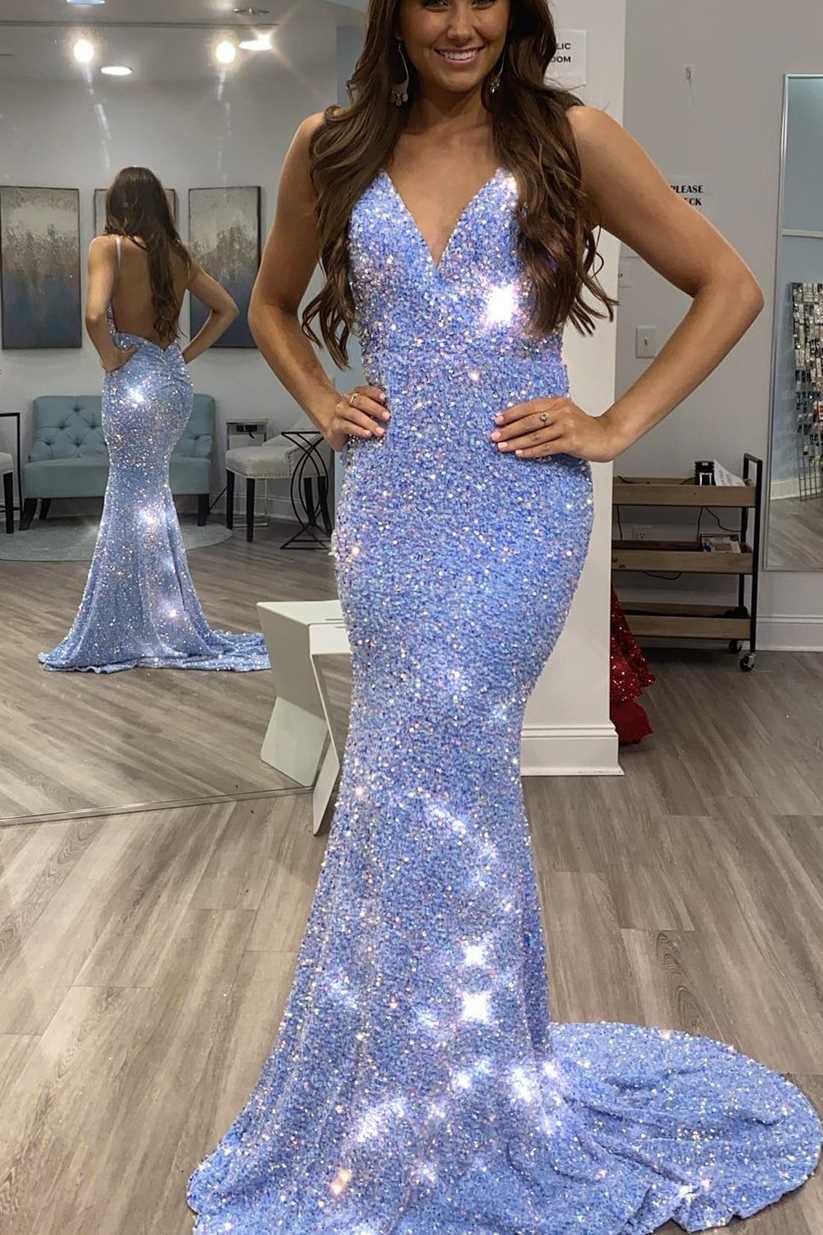 Shiny Blue Sequins Mermaid Backless Prom Dress,Sequined Evening Gown,Celebrity Dresses