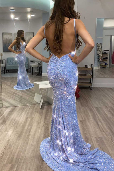 Shiny Blue Sequins Mermaid Backless Prom Dress,Sequined Evening Gown,C ...
