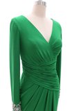 Women Long Mother of Bride Dresses Green Grey Long Sleeve V Neck Evening Dress