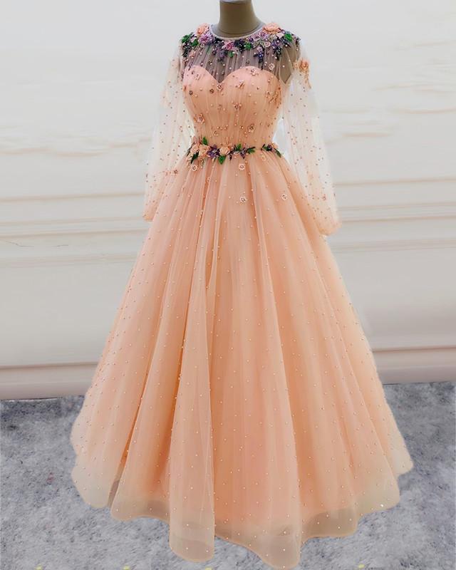 Princess Long Sleeves Prom Dresses Tulle Pearls Quinceanera Dress