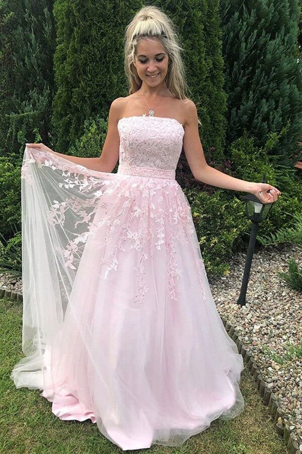 Pink Tulle A-line Strapless Prom Dress With Lace Appliques,Evening Dress,Graduation Dresses