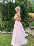 Pink Tulle A-line Strapless Prom Dress With Lace Appliques,Evening Dress,Graduation Dresses