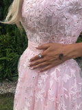 Pink Tulle A-line Strapless Prom Dress With Lace Appliques,Evening Dress,Graduation Dresses