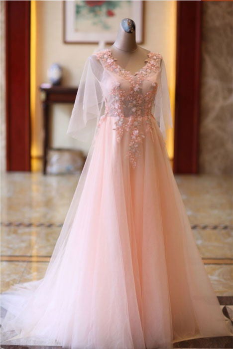 Pink Tulle Floral Applique Prom Dresses, Puff Sleeves Long Formal Dress