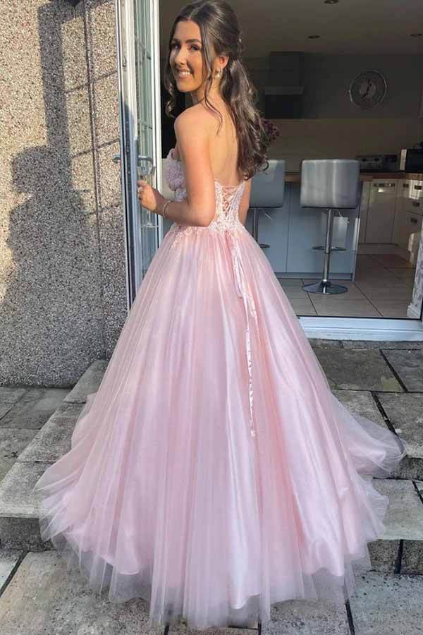 Pink Tulle Lace A-line Strapless Long Formal Dresses, fancy prom dress jkprom Pink Tulle Lace A-line Strapless Long Formal Dresses, fancy prom dress jkprom
