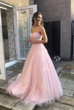 Pink Tulle Lace A-line Strapless Long Formal Dresses, fancy prom dresses