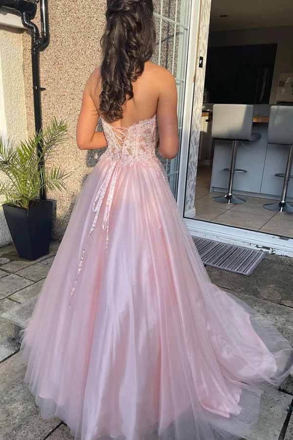 Pink Tulle Lace A-line Strapless Long Formal Dresses, fancy prom dresses