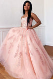 Pink Tulle Long Prom Dress Spaghetti Straps Sleeveless Graduation Gown