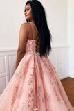 Pink Tulle Long Prom Dress Spaghetti Straps Sleeveless Graduation Gown