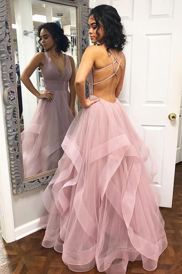 Sexy Deep V Neck Ruffled Long Prom Dress with Criss Cross Back, Long Party Dress