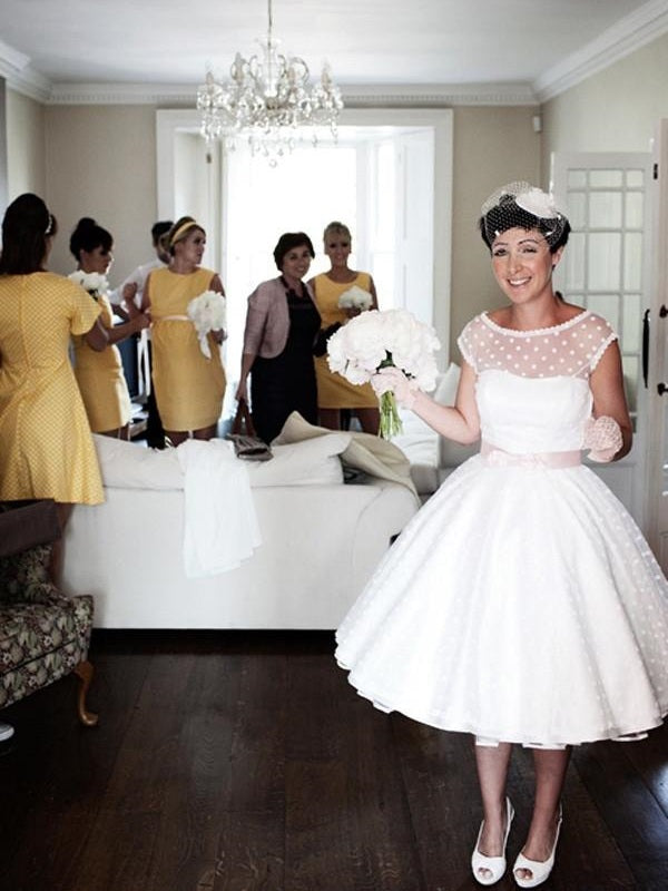 Polka Dot Wedding Dress Tea Length Wedding Gown 50s Bridal Dresses