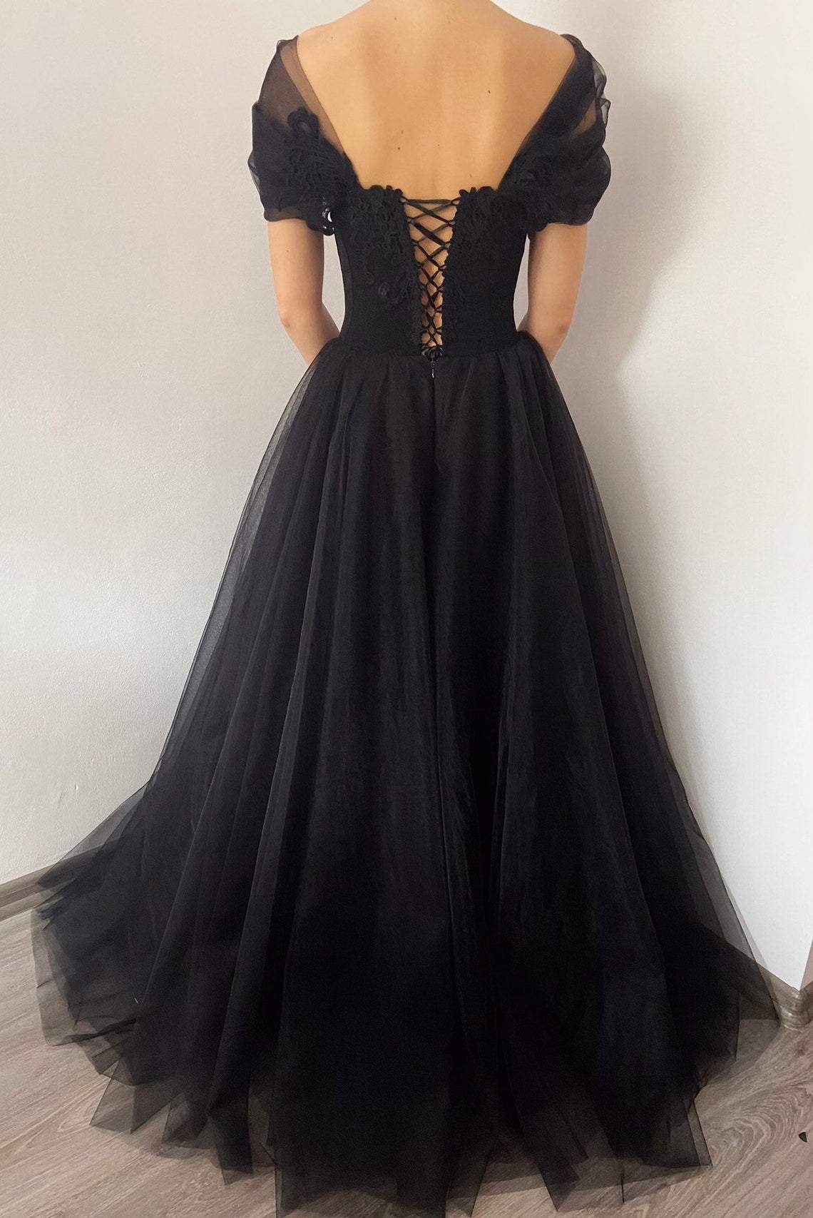 Princess Black Gothic Corset Tulle Prom Dress, Elegant Black Formal Gown