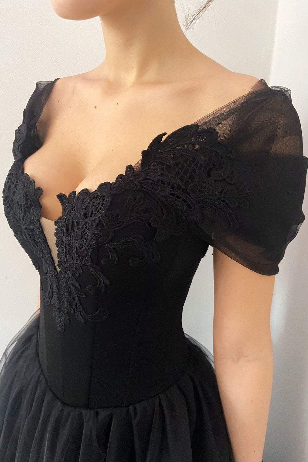 Princess Black Gothic Corset Tulle Prom Dress, Elegant Black Formal Gown
