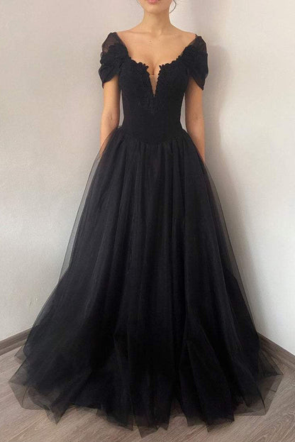Princess Black Gothic Corset Tulle Prom Dress, Elegant Black Formal Gown