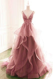 Princess Dark Pink Tulle Long Prom Dress With Lace, Ruffle A Line Formal Dress