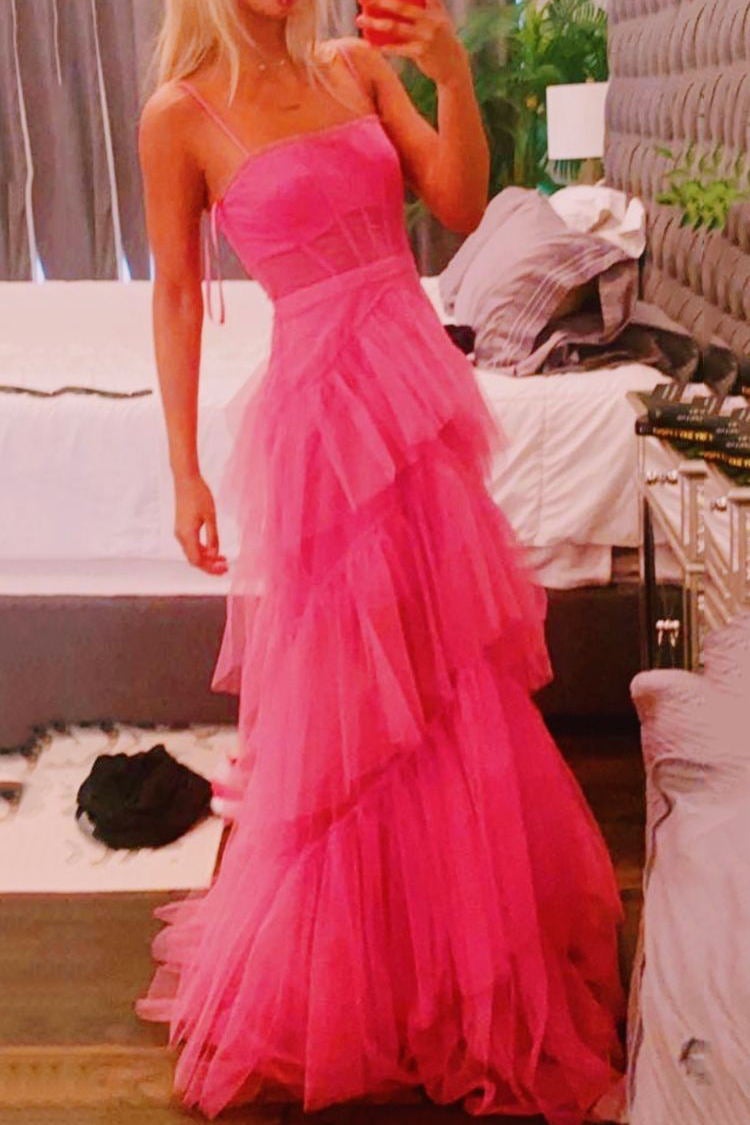 Princess Hot Pink Long Prom Dress Layered Tulle Sleeveless Corset Gown,Evening Dresses