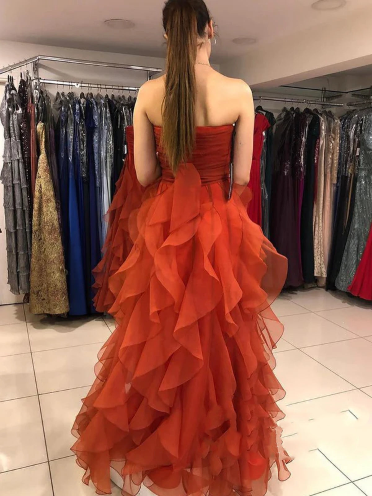 Strapless Burnt Orange Long Prom Dresses,Formal Evening Gowns – jkprom